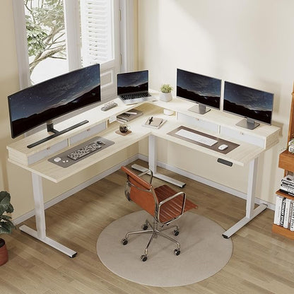 FLEXISPOT 71" L Shaped Standing Desk Electric Corner Table with Shelf, 4 Storage Drawers, Adjustable Computer Workstation for Home, Office, Game, Studio,Light Maple Top + White Frame