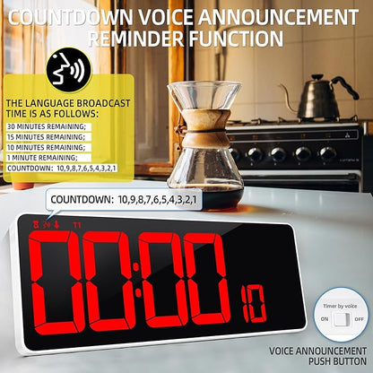 KMMKGG 13.7”Digital Timer Large LED Screen displays（5'' Number）,The Date time, Remote Control, Turn on/Off 10 Seconds Countdown Voice Notification, for Chefs,Students, Children, Seniors