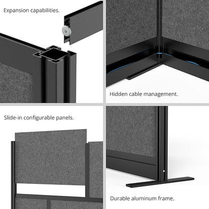 Stand Up Desk Store Workflow Wide Modular Wall | 53'' x 70'' Wall | Expandable Partition Room Divider with Rearrangeable Frosted Acrylic, Sound Absorbent and Whiteboard Panels (Black Frame)