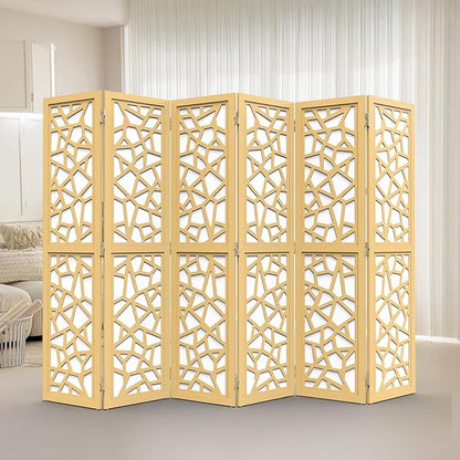 VINGLI 70'' H Room Divider, Non-Woven Fabric Privacy Screen, Indoor Partition Wall Dividers, Freestanding Hinged Space Separator with Modern Unique Pattern (Gold, 6 Panel)