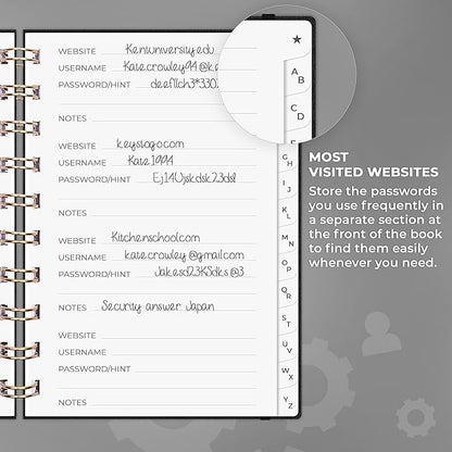 Clever Fox Password Book Spiral – Mini Internet Address & Password Organizer with Laminated Alphabetical Tabs – Small Password Keeper Journal – Hardcover, Pocket Size, 4.7x5.7” (Black)