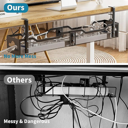 Under Desk Cable Management Tray Black, Litwaro Cable Management Under Desk No Drill, 25'' Cable Tray with Clamp for Wire Management, Cord Organizer for Office, Home - No Damage to Table