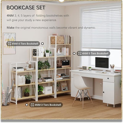 4NM No Assembly Folding Bookshelf Storage Shelves 4 Tiers Vintage Bookcase Standing Racks Study Organizer Home Office (Natural White)