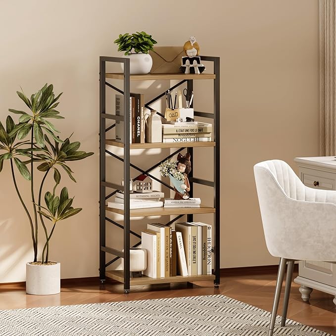 Bookshelf, Kid's Bookshelf, 4 Tier Small Bookcase, Metal Small Bookcase, Book Shelf Organization and Storage for Living Room, Bedroom, and Home Office (Light Coffee)