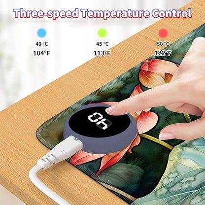 Heated Desk Pad Large Mouse Pad 23.6 x 14.1 inch with 3 Levels Heating & Auto Shut-Off Warm Mouse pad PU Leather Computer Mousepad for Home Office Work - Lotus Flower and Lotus Leaf