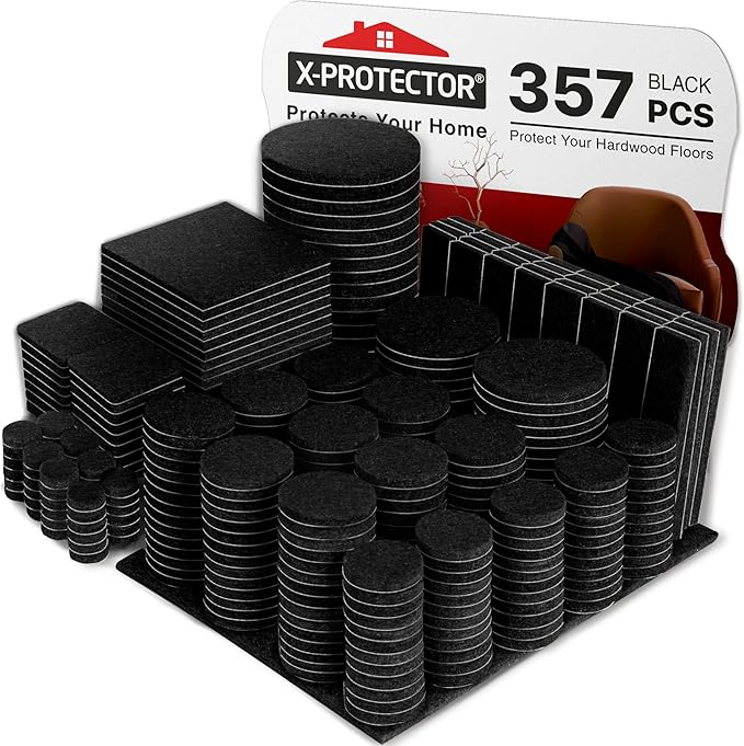X-Protector 357 Pcs Black Felt Furniture Pads - Huge Quantity of Anti-Scratch, Heavy Duty Floor Protectors for Hardwood, Tile, Laminate - Suitable for Chairs, Tables, Sofa, Bed, Cabinet, Ottoman