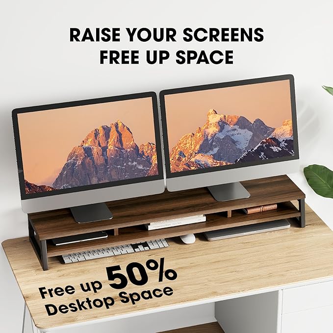 Fenge Dual Monitor Stand for Desk, 42.5in Large Monitor Riser for 2 Monitors, 2 Tier Computer Office Desk Top Shelf, Desktop Storage Stand for Laptop, PC, Computer, Printer