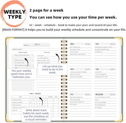 Undated Weekly Planner with Metal Corner Hardcover Notebook , A5 Size Journal with To Do List Planner, Habit Tracker,Weekly Goals for ADHD,Student, Office, Women, Men ,Gifts,6 x 8 inches，Spiral Bindding ,Green