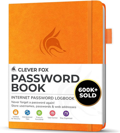 Clever Fox Password Book with alphabetical tabs. Internet Address Organizer Logbook. Small Pocket Password Keeper for Website Logins (Yellow)
