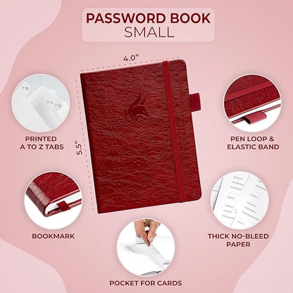 Clever Fox Password Book with alphabetical tabs. Internet Address Organizer Logbook. Small Pocket Password Keeper for Website Logins (Wine Red)