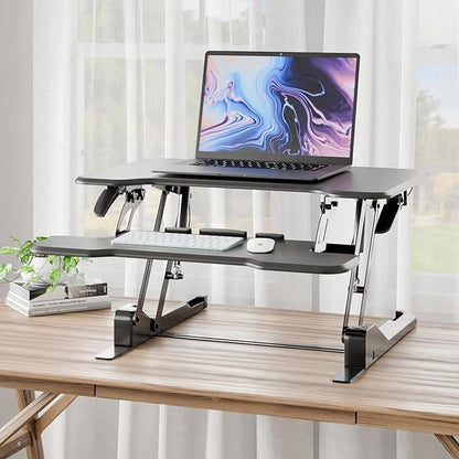 Mount-It! Height Adjustable Standing Desk Converter, Compact 30” Wide Tabletop Standing Desk Riser with Gas Spring, Desktop Stand Up Workstation with Keyboard Tray Fits Monitor or Laptop, Black