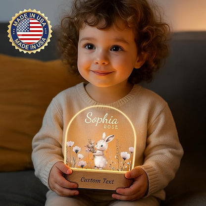 7GEEFT Personalized Baby Gifts for Kids, Custom Animal Acrylic Plaque Sign Name Night Light, Birthday Newborn Baby Shower Gifts for Boys Girls, Children Nursery Room Bedroom Decor, Flower and Rabbit