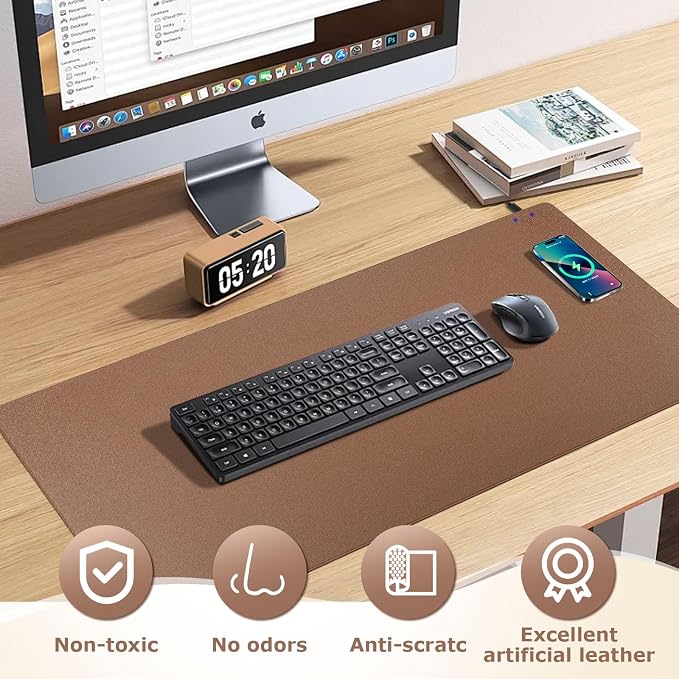 Wireless Charging Mouse Pad Firelison 2 in 1 Leather Multifunctional Office Desk Pad with Non-Slip Rubber Base, Waterproof Desk pad for Computers/Office/Work/Home/Decor（ 32" x 16"Buff - R）