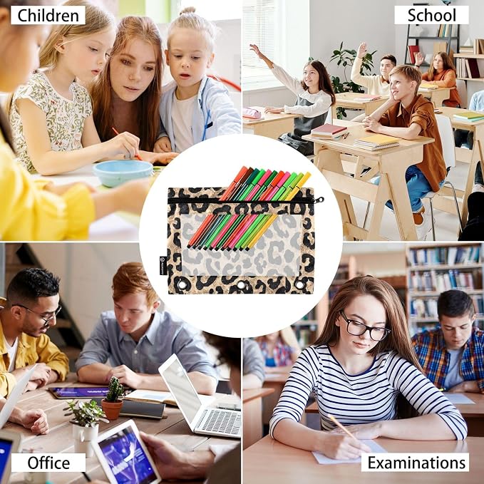 Cheetah Brown Golden Binder Pouches 3 Ring for Boys Girls School Office College Supplies Leopard Black Pencil Pouches Case Bag with Clear Window and Zipper 2 Pack