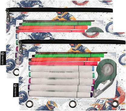 Wamika Motorcycle White Binder Pouches 3 Ring for Boys Girls School Office College Supplies Motocross Sports Grunge Pattern Pencil Pouches Case Bag with Clear Window and Zipper 2 pack