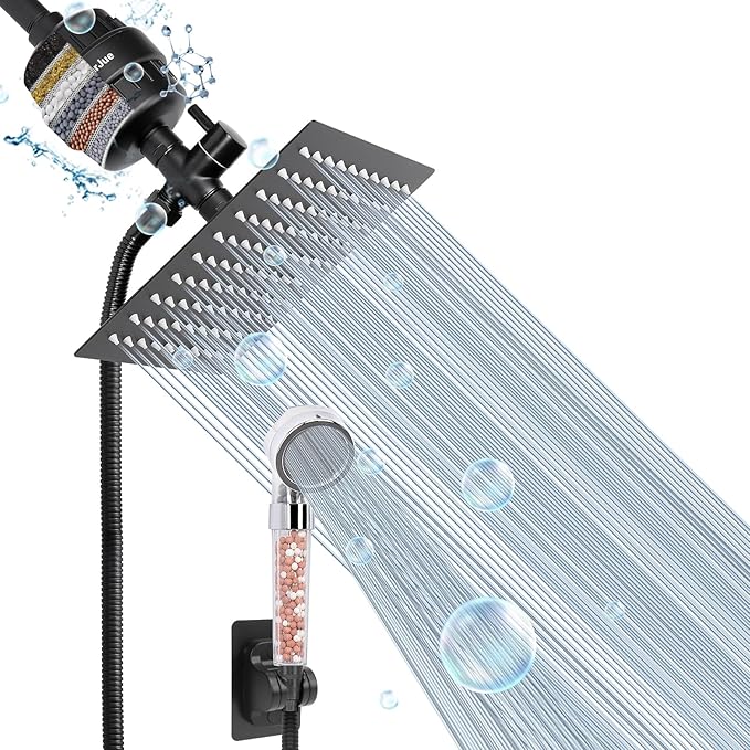 HarJue Filter Shower Head, High Pressure 8 Inch Rainfull with Filter Combo for Hard Water, Remove Chlorine Fluoride and Harmful Substances- 1 Replaceable Filter Cartridge (Square, Matte Black)