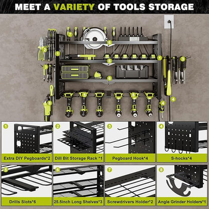 NattyDot Power Tool Organizer Wall Mount with Charging Station 4 Layer 6 Slot Cordless Drill Holder with Angle Grinder Holder (Black)