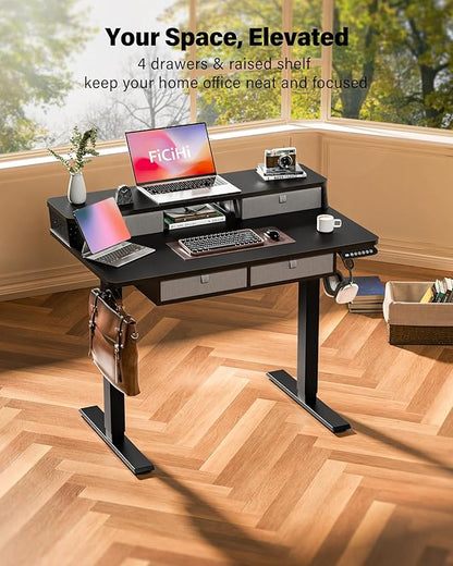FiCiHi Electric Standing Desk with Four Drawers, Adjustable Height Sit Stand Desk, C-Clamp Compatible Home Office Desk with Storage Shelf & Monitor Stand Riser, 40 x 24 Inch, Classical Black