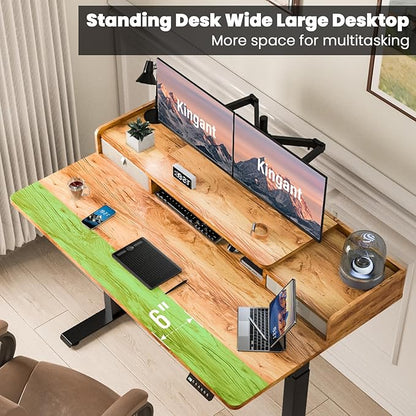 Kingant 55 x 30 Inch Electric Standing Desk with Dual Drawers, Adjustable Height Computer Desk for Home Office, Large Workstation Sit Stand Up Desk with Built-in Storage Shelf, Light Rustic Brown