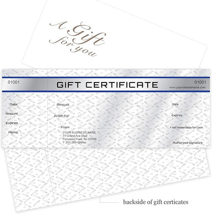 Custom Gift Certificates Cards with Envelopes 100 set - Metal Plate Image- Gift Coupons,Vouchers for Small Business