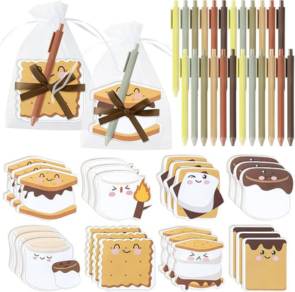 CJiangpo 24 Pack Marshmallow Sticky Note Pad with Pen Gift Set, Cute Self Stick Notepad Memo Pads Ballpoint Pens with Organza Bags, Funny Classroom Rewards Camping Themed Party Favor Gift for Kids