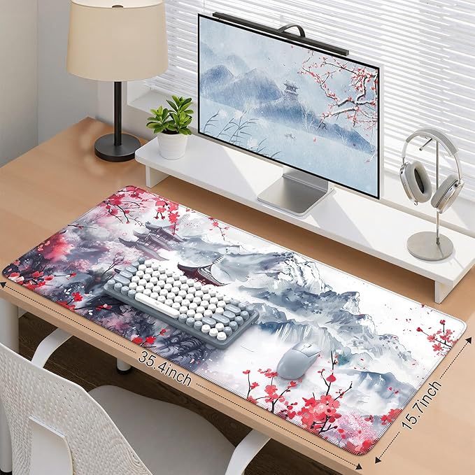 iCasso Desk Protector Mat, Large Japanese Mouse Pad, Stable Rubber Base Mousepad with Stitched Edges, Keyboard Mouse Mat Desk Pad for Work, Game, Office, Home(Sakura)