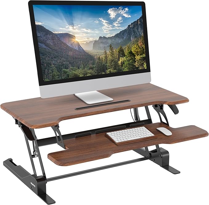 Mount-It! 38 Inch Standing Desk Converter, Sit Stand Desk Riser for Dual Monitors with Keyboard Tray, Height Adjustable Desktop Workstation, Easy Lift Gas Spring, Rustic Walnut Brown