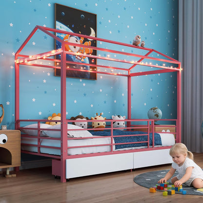 LUMISOL Twin House Bed Frame with Drawers & Guardrail, Metal House Platform Bed with Storage, Pink