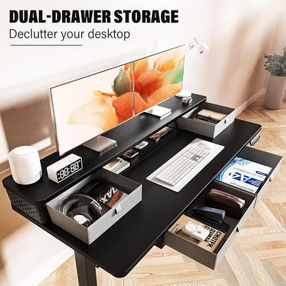 Kingant 55 x 24 Inch Electric Standing Desk with 4 Drawers, Height Adjustable Sit to Stand Computer Desk with Storage Shelf and C-Clamp Mount Compatibility for Home Office, Black