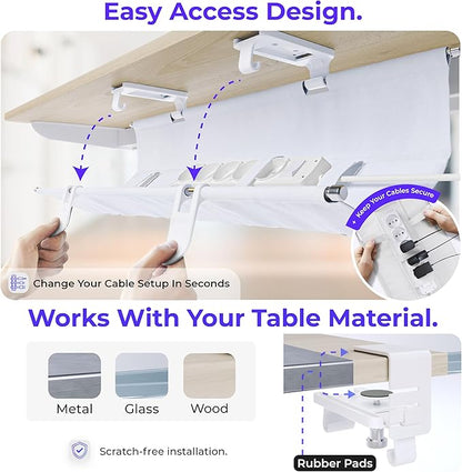 Ascrono Original No Drill Under Desk Cable Management Tray 53.9" - Premium White Fabric Cable Management Under Desk - Clamp/Screw Mount Cord Organizer - Supports Upto 66lbs - Extra Large