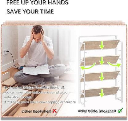 4NM No Assembly Extra Wide 4 Tiers Folding Bookshelf Storage Shelves Vintage Bookcase Standing Racks Study Organizer Home Office (Natural White)