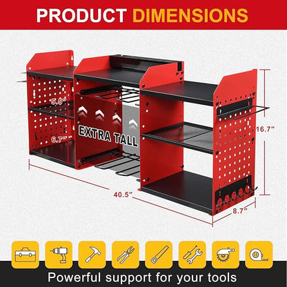 ERVNYNT 3 layers power tool organizer Loads 150lbs with 6 Cordless Drill Holder and 6 Outlet Power Strip,it’s good choice for husband birthday gift,red