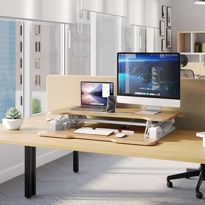 Mount-It! Height Adjustable Standing Desk Converter, 38” Wide, Desk Riser for 2 Monitors, Manual Gas Spring Sit Stand Desktop Raises to 16.9", Fits Two Monitor Screens with Keyboard Mouse Tray Maple
