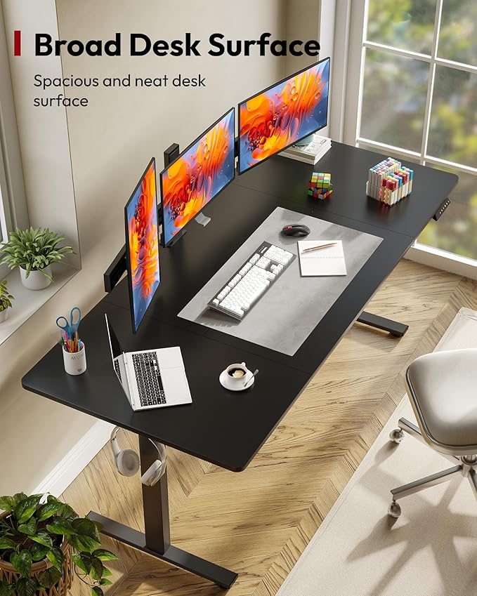 SANODESK Electric Standing Desk 71 x 32 Inches Height Adjustable Stand Up w/6-Button Controller Ergonomic Computer Desk with Splice Board for Home Office, Black Frame + Black Tabletop