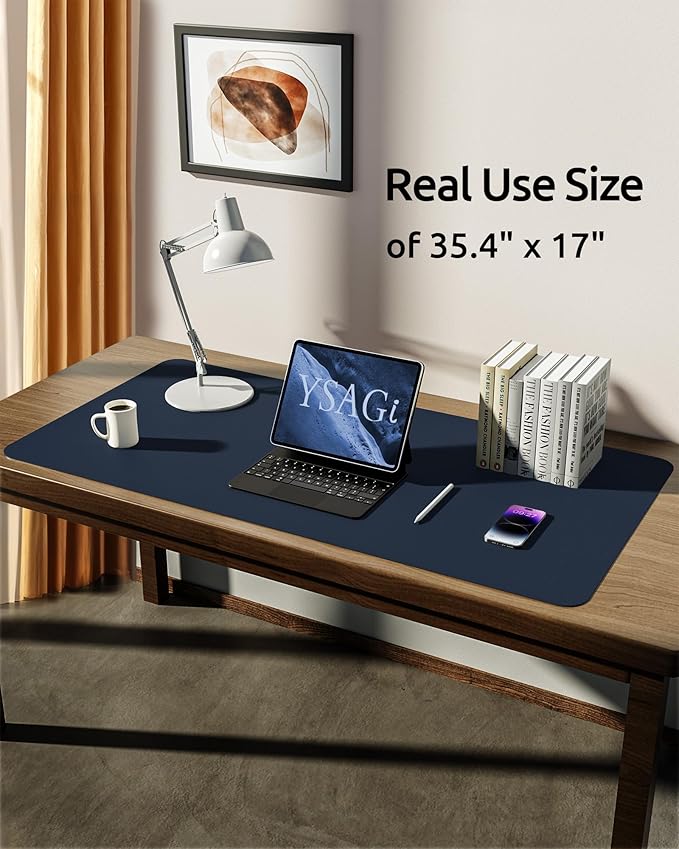 YSAGi Leather Desk Protector, Office Mat, Large Mouse Mat, Non-Slip PU Leather Blotter, Laptop Pad, Waterproof Writing Pad for Office and Home (Dark Blue, 35.4" x 17")