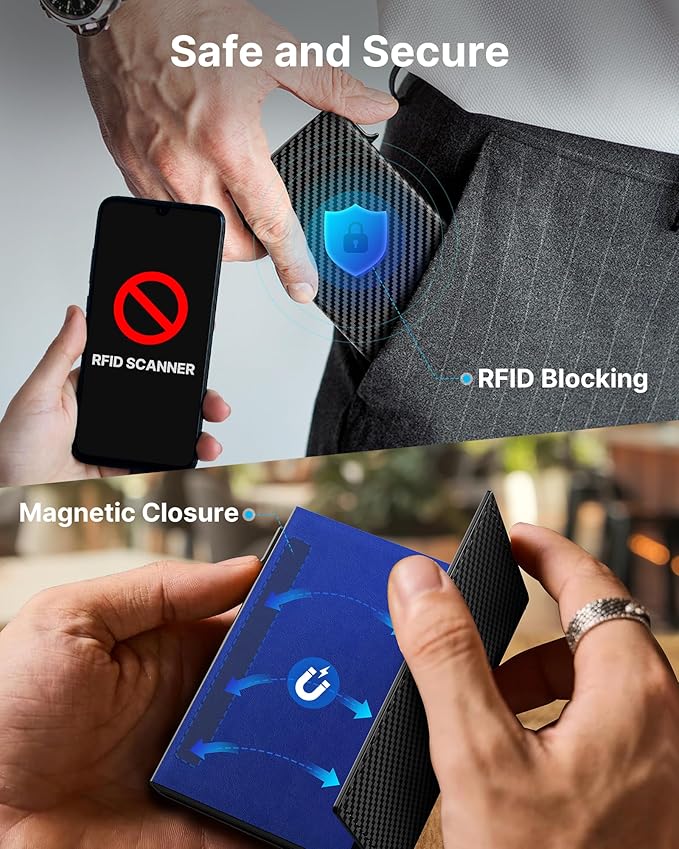 typecase Mens Wallet Card Holder: Pop Up Aluminum Case, Genuine Leather, Smart, RFID Blocking, Slim, Minimalist, Front Pocket - 9-14 Card Capacity | ID Window | Cash Slot (Carbon Fiber Navy)