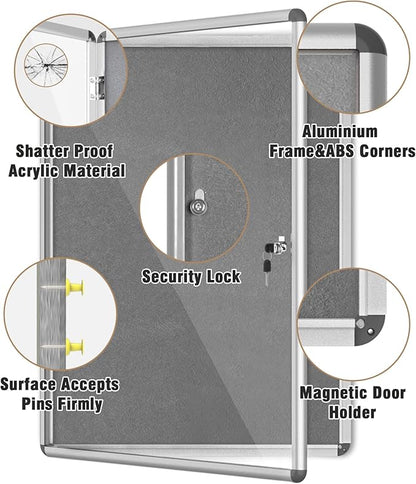 Mifuro 38"x28" Enclosed Bulletin Board, Lockable Weather-Resistant Aluminum Cork Noticeboard for School & Office, Silver Frame w/Grey Flet