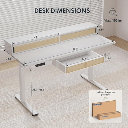 FLEXISPOT Q4 One-Piece Standing Desk with Rattan Drawers, 55 x 24 Inch Adjustable Height, Electric Stand Up Table with Monitor Shelf, Home Office Ergonomic Computer Desk with Memory Presets, White