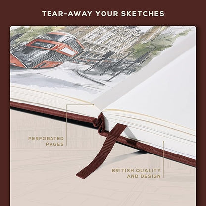 Beechmore Books A3 Sketchbook – 11.7x16.5 Premium Vegan Leather Bound Large Sketch Book Hardcover with 160 Thick 160gsm Perforated Ivory Pages, Blank Sketch Pad Gift Boxed Back Pocket Ribbon Bookmark