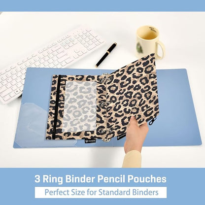 Cheetah Brown Golden Binder Pouches 3 Ring for Boys Girls School Office College Supplies Leopard Black Pencil Pouches Case Bag with Clear Window and Zipper 2 Pack