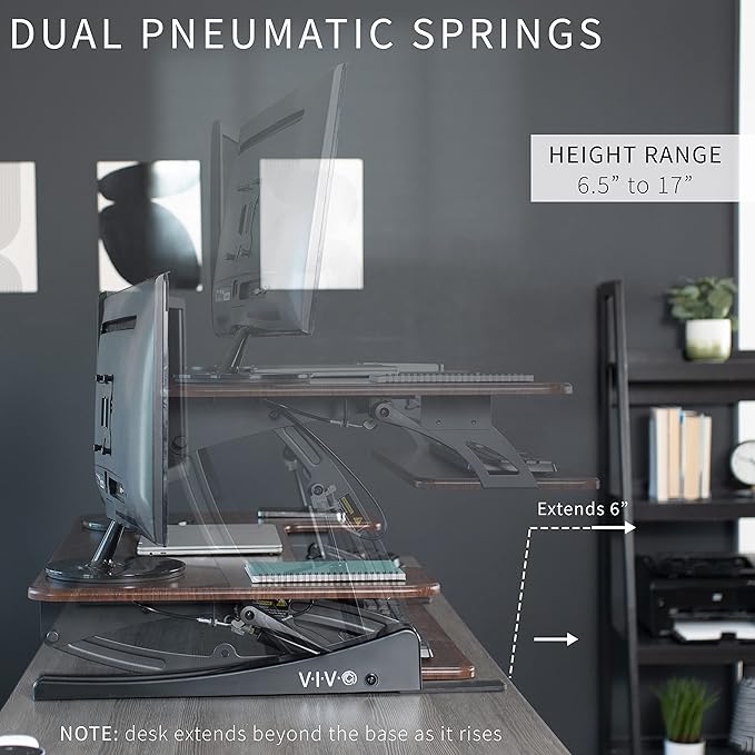 VIVO 36 inch Height Adjustable Stand Up Desk Converter, V Series, Quick Sit to Stand Tabletop Dual Monitor Riser Workstation, Dark Walnut Top, Black Frame, DESK-V000VD