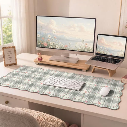 iCasso Leather Scalloped Checkered Desk Mat, XXL Flower Mouse Pad, Back to School Desk Matt for Desktop, Anti-Slip Big Cute Mousepad with Stitched Edges for Home Office Decor (Light Green)