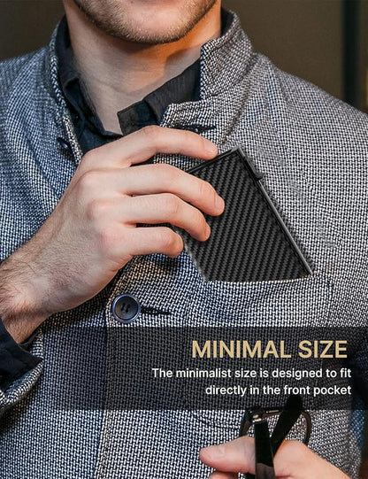 typecase Mens Wallet Card Holder: Pop Up Aluminum Case, Genuine Leather, Smart, RFID Blocking, Slim, Minimalist, Front Pocket - 9-14 Card Capacity | ID Window | Cash Slot (Carbon Fiber)