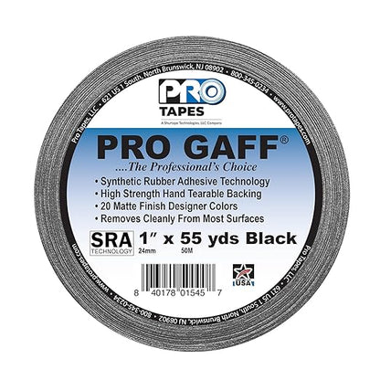 1" Width ProTapes Pro Gaff Premium Matte Cloth Gaffer's Tape With Rubber Adhesive, 11 mils Thick, 55 yds Length, Black (Pack of 1)