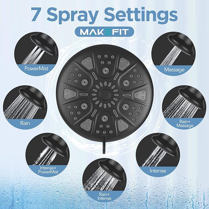 MakeFit Filtered Shower Head Matte Black- High Pressure Shower Head with filter for Hard Water - Rain Shower Head Water Softener - Luxury 7 Settings Adjustable Water Filter Showerhead (Matte Black)