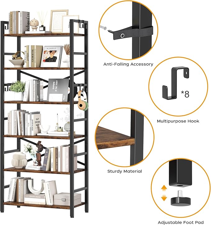 Homeiju 6 Tier Bookshelf, Industrial Bookcase with 8 Hooks, Vintage Storage Rack with Open Shelves, Rustic Standing Bookshelves Metal Frame Display Rack for Living Room, Bedroom, Rustic Brown