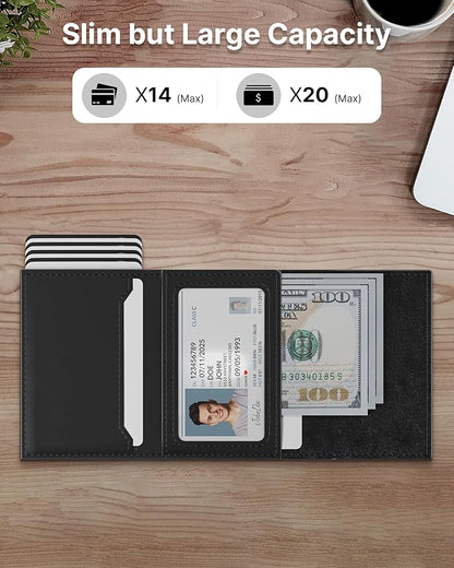 typecase Mens Wallet Card Holder: Pop Up Aluminum Case, Genuine Leather, Smart, RFID Blocking, Slim, Minimalist, Front Pocket - 9-14 Card Capacity | ID Window | Cash Slot (Deep Black)