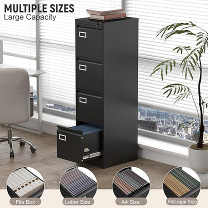 4 Drawer File Cabinet with Lock, High-Capacity Vertical Metal Filing Cabinet for Home Office, Heavy Duty Locking Steel Storage for A4/Letter/Legal Size, Black, 17.7" D x 14.6" W x 52.6" H