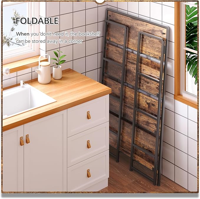 4NM No Assembly Extra Wide 4 Tiers Folding Bookshelf Storage Shelves Vintage Bookcase Standing Racks Study Organizer Home Office (Rustic Brown Black)