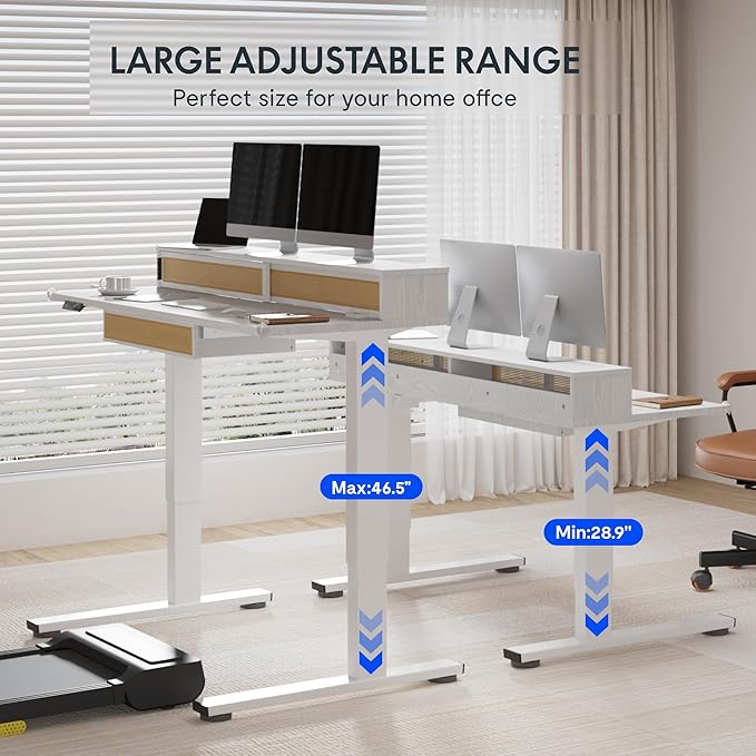 FLEXISPOT Q4 One-Piece Standing Desk with Rattan Drawers, 55 x 24 Inch Adjustable Height, Electric Stand Up Table with Monitor Shelf, Home Office Ergonomic Computer Desk with Memory Presets, White